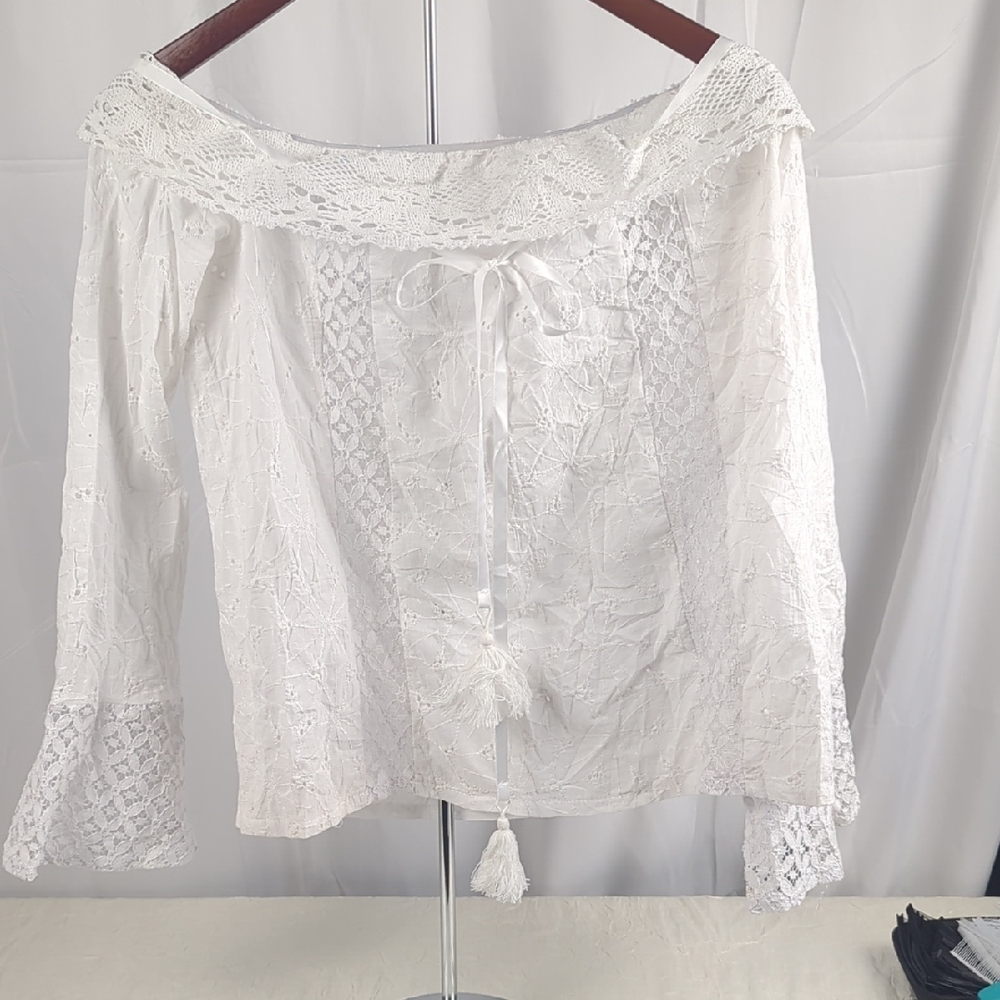 White Lace Off-Shoulder Peasant Top with Tassel Tie